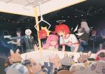 2girls 3boys 5girls absurdres ahoge alternate_costume arcade_cabinet arknights cecelia_(arknights) ceiling_fan choshanland_plushy_(arknights) commentary crane_game cup dark dolly_(arknights) dragon_bean_(arknights) drinking_straw drinking_straw_in_mouth energy_wings enforcer_(arknights) english_commentary exusiai_(apple)_(arknights) exusiai_(arknights) exusiai_the_new_covenant_(arknights) fiammetta_(arknights) food_print fruit_print halo highres holding holding_cup holding_toy_gun indoors insider_(arknights) kal'tsit_(arknights) lappland_(arknights) lemuen_(arknights) light_gun ling_(arknights) long_hair mostima_(arknights) multiple_boys multiple_girls nian_(arknights) open_mouth orange_eyes phantasy14 pink_eyes pink_hair playing_games print_shirt saga_(arknights) secretary_settings_(arknights) shirt short_hair short_sleeves shu_(arknights) siblings sisters string_lights stuffed_animal stuffed_rabbit stuffed_toy sweatdrop texas_(arknights) toy_gun 