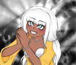  1girl artist_name bead_bracelet bead_necklace beads bikini blue_eyes blunt_bangs blush bracelet breasts cleavage collarbone commentary danganronpa_(series) danganronpa_v3:_killing_harmony dark-skinned_female dark_skin english_commentary eyelashes frilled_bikini frills grin highres jacket jewelry long_hair necklace open_clothes open_jacket own_hands_together praying sacchabon smile solo swimsuit teeth twintails white_bikini white_hair yellow_jacket yonaga_angie 