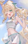 1girl aqua_eyes armpits blonde_hair buruma cheerleader commentary_request crop_top drill_hair drill_ponytail drill_sidelocks genshin_impact gym_uniform hair_ribbon highres holding holding_pom_poms long_hair miniskirt open_mouth pleated_skirt pointy_ears pom_pom_(cheerleading) ribbon richi_1214 shirt sidelocks skirt sleeveless sleeveless_shirt smile solo sweat sweatdrop tiara two-tone_skirt vesna_(genshin_impact) white_skirt 
