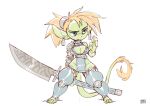  1girl armor blue_eyes breasts cleavage colored_skin earrings female_goblin forest_box gloves goblin greaves green_skin highres jewelry large_ears original pelvic_curtain pointy_ears ponytail shortstack shoulder_armor simple_background solo tail weapon 