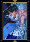 2boys absurdres arm_up beard black_border black_hair blue_eyes border cape closed_eyes collared_shirt commentary english_commentary facial_hair hand_on_another's_face highres leaf looking_at_another male_focus multiple_boys olruggio_(tongari_boushi_no_atelier) open_mouth parted_bangs parted_lips pince-nez plant profile qifrey_(tongari_boushi_no_atelier) shirt tongari_boushi_no_atelier upper_body vines wavy_hair white_hair white_shirt yakichou 