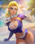  1girl arm_at_side beach blonde_hair blue_eyes blue_one-piece_swimsuit breasts cleavage_cutout closed_mouth clothing_cutout commentary cowboy_shot crossed_legs earrings english_commentary eyelashes fantastic_four hair_slicked_back hand_up highres jewelry large_breasts leaning_to_the_side long_hair long_sleeves marvel marvel_rivals navel noush o-ring ocean one-piece_swimsuit one_eye_closed outdoors palm_tree sand sleeves_past_wrists standing sue_storm sunglasses sunlight swimsuit tree white-framed_eyewear 