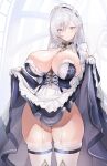  1girl absurdres azur_lane belfast_(azur_lane) belfast_(retrofit)_(azur_lane) braid breasts chain choker clothes_lift commentary_request frills garter_straps gloves highres huge_breasts lace-trimmed_thighhighs lace_trim long_hair maid maid_headdress purple_eyes skirt skirt_lift smile thighhighs white_background white_gloves white_hair white_thighhighs yusha_m 