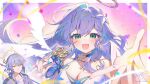  1boy 1girl :d bare_shoulders binato_lulu blue_hair blush breasts brother_and_sister cleavage collarbone commentary_request confetti facial_mark green_eyes halo head_wings heart heart_facial_mark honkai:_star_rail honkai_(series) large_breasts long_hair looking_at_viewer official_alternate_costume reaching reaching_towards_viewer robin_(honkai:_star_rail) robin_(summeretto)_(honkai:_star_rail) siblings signature singing single_hair_intake smile sunday_(honkai:_star_rail) twins twitter_username upper_body white_wings wings 