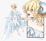  1girl :d arm_support bare_shoulders barefoot blush bridal_gauntlets call_of_cthulhu choker clothing_cutout colored_eyelashes commentary_request copyright_name curled_horns detached_leggings dress frilled_dress frills front_slit full_body hair_between_eyes highres horns ikurikaito invisible_chair jellyfish_cut knees_together_feet_apart leg_cutout leggings long_dress long_hair long_sleeves looking_to_the_side midriff my_dear_"h" neck_ribbon off-shoulder_dress off_shoulder ribbon sheep_horns short_shorts shorts shorts_under_dress simple_background sitting smile solo stuffed_animal stuffed_sheep stuffed_toy very_long_hair white_background white_bridal_gauntlets white_choker white_dress white_horns white_leggings white_ribbon white_shorts yellow_eyes zoom_layer 