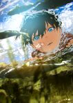  1boy absurdres black_hair blue_eyes bubble child commentary_request day fish free! hana_(dqkmb362) highres leaf looking_at_animal male_focus nanase_haruka_(free!) parted_lips short_hair solo sunlight teeth underwater upper_teeth_only water 