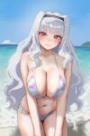  1girl beach bikini black_hairband blush breasts c_(theta) cleavage commentary_request hairband halterneck highres idolmaster idolmaster_(classic) kneeling large_breasts long_hair looking_at_viewer multicolored_bikini navel outdoors shijou_takane side-tie_bikini_bottom smile solo stomach string_bikini swimsuit thighs triangle_bikini_top very_long_hair white_hair 