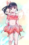  0shu_0v0 1girl arm_behind_back bikini black_hair butterfly_hair_ornament butterfly_wings closed_mouth collarbone feet_out_of_frame floating_hair frilled_bikini frills hair_ornament halterneck head_tilt kimetsu_no_yaiba long_hair looking_at_viewer navel red_bikini side_ponytail sidelocks signature smile solo standing swimsuit tsuyuri_kanao white_background wings 