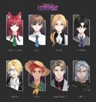  1girl 6+boys absurdres alex_(degrees_of_lewdity) alex_(male)_(degrees_of_lewdity) animal_ear_fluff animal_ears avery_(degrees_of_lewdity) avery_(male)_(degrees_of_lewdity) beard_stubble black_background black_hair black_jacket black_shirt blue_necktie brown_hair character_chart character_name chest_tattoo chinese_commentary cigarette clerical_collar collared_shirt colored_eyelashes commentary_request copyright_name cross cross_necklace curtained_hair degrees_of_lewdity ear_piercing ears_visible_through_hair eden_(degrees_of_lewdity) eden_(male)_(degrees_of_lewdity) exhaling_smoke eyebrow_piercing face_piercing facial_hair fox_ears fox_girl freckles glasses green_eyes green_necktie green_shirt grey_hair grey_sweater hair_over_one_eye hair_slicked_back hat heart heart-shaped_pupils highres jacket jewelry kokia kylar_(degrees_of_lewdity) kylar_(male)_(degrees_of_lewdity) lapels leather leather_jacket long_hair long_sidelocks looking_at_viewer low_ponytail mature_male middle_part mole mole_under_eye multiple_boys neck_tattoo neckerchief necklace necktie notched_lapels one_eye_covered open_collar original outside_border parted_bangs parted_hair piercing pink_eyes pink_necktie plaid_clothes plaid_shirt player_character_(degrees_of_lewdity) player_character_(female)_(degrees_of_lewdity) ponytail portrait purple_eyes red_hair robin_(degrees_of_lewdity) robin_(male)_(degrees_of_lewdity) scar scar_on_cheek scar_on_face scar_on_nose shirt short_hair sidelocks straight-on straw_hat stubble suit sweater sydney_(degrees_of_lewdity) sydney_(male)_(degrees_of_lewdity) symbol-shaped_pupils tattoo tsurime very_short_hair wavy_hair white_shirt white_suit whitney_(degrees_of_lewdity) whitney_(male)_(degrees_of_lewdity) yellow-framed_eyewear yellow_background yellow_eyes yellow_neckerchief 
