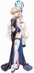  1girl absurdres alternate_costume bag black_dress blonde_hair blue_archive blue_eyes blue_halo blue_streaks breasts clothing_cutout commentary dress earrings evening_gown full_body halo high_heels highres holding holding_bag jewelry long_hair looking_at_viewer multicolored_hair navel sikimosh simple_background sleeveless small_breasts solo standing stomach_cutout streaked_hair thigh_strap toki_(blue_archive) two-sided_dress two-sided_fabric white_background 
