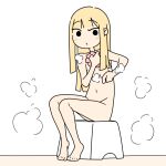  1girl barefoot bath_stool blonde_hair blush breasts closed_mouth commentary_request full_body holding juukyuu long_hair navel nude original simple_background sitting small_breasts solid_circle_eyes solo steam stool very_long_hair white_background 