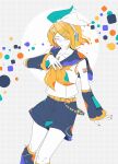  1girl belt black_leg_warmers black_sailor_collar black_shorts black_sleeves blonde_hair bow breasts closed_eyes closed_mouth colored_skin commentary_request detached_sleeves hair_ornament hairclip hand_on_own_chest headphones headset highres ido_17625 kagamine_rin leg_warmers neckerchief number_tattoo orange_nails parallel_hairclips sailor_collar shirt short_hair shorts sleeveless sleeveless_shirt small_breasts solo tattoo treble_clef vocaloid white_bow white_shirt white_skin yellow_belt yellow_neckerchief yellow_trim 