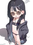  1girl artist_name bikini black_bikini black_coat black_hair black_sandals blue_archive braid coat collarbone commentary english_commentary grey_eyes grey_halo halo hands_in_pockets highres kisaki_(blue_archive) kisaki_(swimsuit)_(blue_archive) long_hair looking_at_viewer official_alternate_costume official_alternate_hairstyle open_mouth sandals shadow side_braid simple_background solo sparkling_eyes sseopik sunglasses swimsuit very_long_hair white_background 
