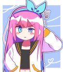  1girl aubrey_(faraway)_(omori) aubrey_(omori) bad_id bad_pixiv_id blue_eyes blue_hairband blush collarbone commentary_request crop_top double-parted_bangs hair_between_eyes hairband highres hoshidashiki jacket long_hair long_sleeves omori open_clothes open_jacket parted_lips pink_hair sidelocks solo upper_body white_jacket x_navel 