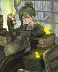  1boy black_pants blush book book_stack bookshelf brown_eyes can closed_mouth coat collared_shirt commentary_request dress_shirt drink_can drunk enkephalin_(project_moon) eyebrow_cut floor_of_art's_glowing_creature folded_ponytail green_coat green_hair highres holding holding_can lapels library library_of_ruina long_sleeves male_focus netzach_(project_moon) open_collar pants partial_commentary project_moon shirt sitting solo sugata92 white_shirt wing_collar yellow_eyes 