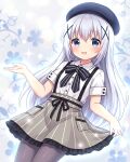  1girl :d beret black_bow black_pantyhose blue_eyes blush bow clothes_pull collared_shirt commentary_request cosmic_(nights77) cowboy_shot dress dress_pull floral_background frilled_dress frills gochuumon_wa_usagi_desu_ka? grey_dress hair_ornament hand_up hat holding_own_skirt kafuu_chino long_hair looking_at_viewer pantyhose shiny_pantyhose shirt short_sleeves skirt smile solo striped_bow striped_clothes striped_dress suspender_skirt suspenders waitress white_shirt x_hair_ornament 