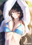  1girl arms_up bikini black_hair blue_bikini blue_eyes bow braid breasts cleavage grin hair_bow hair_ornament hair_spread_out halterneck heart heart_hair_ornament highres large_breasts long_hair long_sleeves looking_at_viewer lying on_back open_clothes open_shirt photo-referenced shirayuki_hina shirt sibo smile solo stellive stomach string_bikini swimsuit very_long_hair virtual_youtuber wet white_shirt 