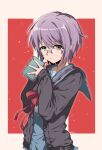  1girl absurdres blue_sailor_collar blue_skirt book breasts brown_cardigan brown_eyes cardigan commentary cowboy_shot expressionless hands_up highres holding holding_book kita_high_school_uniform looking_at_viewer nagato_yuki neck_ribbon over-rim_eyewear purple_hair red_ribbon ribbon sailor_collar school_uniform semi-rimless_eyewear serafuku shirt short_hair signature skirt small_breasts solo suzumiya_haruhi_no_yuuutsu w_arms white_shirt winter_uniform youguo_naberu 