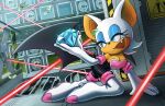  1girl all_fours amandaxvictoria animal_ears animal_nose aqua_eyes arm_support bare_shoulders bat_ears bat_girl bat_wings black_bodysuit black_wings blue_eyes blue_eyeshadow blue_gem body_fur bodysuit boots breasts chaos_emerald cleavage crystal earrings elbow_gloves eyeshadow fang fangs full_body furry furry_female gem gloves green_eyes green_gem half-closed_eyes hand_up happy high_heel_boots high_heels highres holding indoors jewelry laser looking_to_the_side makeup medium_breasts open_mouth rouge_the_bat rouge_the_bat_(adventure) shiny_clothes short_hair sideways_mouth smile solo sonic_(series) sonic_adventure_2 tail thigh_boots thighhighs two-tone_fur white_fur white_gloves white_hair wings 