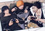  3boys :d ai-generated anger_vein angry black_eyes black_hair black_hakama black_kimono black_shirt bleach brown_eyes can casual chips_(food) closed_mouth collarbone commentary controller couch cowboy_shot crossover dutch_angle english_commentary eyepatch fang fighting fingernails food fushiguro_toji game_controller graykruger grey_pants hair_between_eyes hakama hand_up hands_up haori holding holding_controller holding_game_controller index_finger_raised indoors japanese_clothes jujutsu_kaisen kimono kurosaki_ichigo long_hair long_sleeves looking_at_another looking_at_viewer lying male_focus multiple_boys no_eyebrows nose on_back on_couch one_eye_covered open_mouth orange_hair pants playing_games playing_video_games potato_chips sarashi scar scar_across_eye scar_on_face scar_on_mouth shirt short_hair signature sitting smile spiked_hair sunken_cheeks teeth tsurime upper_body v-shaped_eyebrows viewfinder white_haori wide_sleeves zaraki_kenpachi 