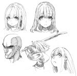  1boy 4girls bald belt blunt_bangs closed_mouth commentary_request cropped_head cropped_torso eyelashes from_side greyscale hair_between_eyes highres holding holding_sword holding_weapon jacket jun_(navigavi) lips looking_at_viewer looking_to_the_side looking_up medium_hair monochrome multiple_girls nose open_mouth original short_hair sidelocks simple_background sketch sword thick_eyebrows two-handed two-handed_sword vambraces weapon white_background 