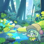  1girl blunt_bangs blush_stickers boots braid brown_hat chibi chibi_only commentary_request day flower forest full_body grass green_eyes green_hair hair_ornament hairclip hat highres hood hood_down korean_commentary lily_pad long_hair long_sleeves nature open_mouth outdoors parallel_hairclips pogpagwaeng raincoat solo standing thick_eyebrows trickcal ui_(trickcal) water yellow_boots yellow_raincoat 