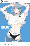 1girl artist_name bambi_surprise black_panties blue_background blue_eyes blue_hair blue_pants breasts clothes_pull commentary crew_neck crop_top crop_top_overhang denim english_text expressionless hands_on_own_head hands_up highres jeans letterboxed looking_at_viewer medium_breasts medium_hair navel open_fly open_pants original outline outside_border panties pants pants_pull parted_lips shirt short_sleeves simple_background solo sports_panties stomach t-shirt underboob underwear untranslatable_commentary white_outline white_shirt wolf_cut 