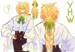  1boy ? absurdres alternate_costume animification arm_at_side black_pants blonde_hair bow bowtie braid bright_pupils buttons colored_eyelashes commentary double-breasted english_commentary green_bow green_eyes green_ribbon hair_between_eyes hair_ribbon half_up_braid hand_on_own_hip high-waist_pants highres lloyd_garmadon long_hair long_sleeves looking_at_viewer male_focus multi-tied_hair multiple_views ninjago pants puffy_sleeves ribbon shirt shirt_tucked_in simple_background speech_bubble spoken_question_mark very_long_hair white_background white_pupils white_shirt wide_sleeves yhwcomeback 