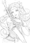  1girl absurdres armlet bare_shoulders bracelet circlet cleavage_cutout clothing_cutout dress final_fantasy final_fantasy_xiv greyscale hand_up head_wreath highres holding holding_weapon jewelry laurel_crown long_hair looking_at_viewer monochrome nophica parted_lips shixiuosamu simple_background sketch smile solo turtleneck_dress upper_body wavy_hair weapon white_background 