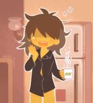  1other androgynous black_shirt blush brown_hair commentary_request cup dated deltarune hand_to_own_mouth holding holding_cup indoors kris_(deltarune) nearly_naked_shirt no_pants one_eye_closed open_cuffs open_mouth other_focus partially_open_shirt refrigerator shirt short_hair sleepy standing tanba_(tanba-art) teacup utdr_(toby_fox) waking_up yawning 