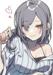  1girl arm_under_breasts black_camisole blush breasts camisole cleavage collarbone commentary_request eyes_visible_through_hair grey_hair hair_over_one_eye hand_up heart highres holding_own_hair large_breasts long_hair long_sleeves looking_at_viewer orange_eyes otome_sekai_no_arukikata parted_lips seductive_smile shirt sidelocks simple_background single_bare_shoulder sleeves_rolled_up smile solo striped_clothes striped_shirt toudou_rin tsurime tyama_taka upper_body upturned_eyes vertical-striped_clothes vertical-striped_shirt white_background white_shirt 