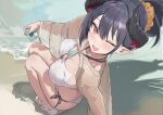  1girl bare_legs beach bikini blue_archive breasts brown_shirt camera chiaki_(blue_archive) chiaki_(swimsuit)_(blue_archive) commentary_request cropped_shirt demon_girl demon_horns fishnet_top fishnets hair_bun hair_ornament hair_scrunchie holding holding_camera horns houraku large_breasts long_hair nail_polish ocean one_eye_closed orange_scrunchie pointy_ears red_eyes sandals scrunchie shirt solo squatting swimsuit toenail_polish toenails toes very_long_hair white_bikini white_nails white_sandals 