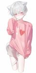  1boy absurdres animal_ears arm_at_side blush braided_animal_ear_fluff brown_shorts cat_boy cat_ears cat_tail closed_mouth clothes_tug collarbone commentary cropped_legs embarrassed genderswap genderswap_(ftm) grey_hair hand_up head_tilt heart highres long_sleeves looking_at_viewer male_focus neneko_mashiro pink_sweater print_sweater red_eyes short_hair shorts simple_background sleeves_past_wrists small_sweatdrop snacks00 solo standing stellive sweater sweater_tug tail tail_around_own_leg virtual_youtuber white_background 