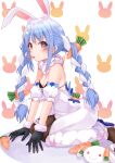  1girl absurdres animal_ears ankle_garter arm_support black_gloves black_leotard black_pantyhose blue_hair blush braid braided_twintails breasts carrot_hair_ornament carrot_sticks cleavage coat coat_dress colored_shoe_soles commentary detached_sleeves dress extra_ears food-themed_hair_ornament from_side full_body fur-trimmed_gloves fur_scarf fur_trim gloves hair_ornament highres hololive leaning_forward leotard leotard_under_clothes long_hair looking_at_viewer mouth_hold multicolored_hair orange_eyes pantyhose parted_hair pekomon_(usada_pekora) puffy_detached_sleeves puffy_short_sleeves puffy_sleeves rabbit_ears rabbit_girl rabbit_tail raised_eyebrows scarf seiza shoes short_eyebrows short_sleeves sidelocks sitting small_breasts solo sonoji strapless strapless_leotard tail thick_eyebrows twin_braids twintails two-tone_hair usada_pekora usada_pekora_(1st_costume) virtual_youtuber white_coat white_dress white_hair white_scarf white_shoes white_sleeves 