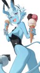  1girl alternate_breast_size_(larger) animal_ear_hairband animal_ears ass bare_shoulders black_leotard black_necktie blue_horns blue_oni blue_skin blue_tail breasts brown_eyes colored_skin cowboy_shot detached_collar fake_animal_ears food food_on_face hair_between_horns hairband highres holding holding_food holding_ice_cream_cone horns ice_cream ice_cream_cone leotard looking_at_viewer multicolored_horns necktie nmm oni open_mouth playboy_bunny rabbit_ear_hairband rabbit_ears simple_background skin-covered_horns small_breasts solo soukaku_(zenless_zone_zero) strapless strapless_leotard tail two-tone_horns two-tone_tail white_background white_hair white_wrist_cuffs wrist_cuffs zenless_zone_zero 