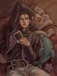 1boy alternate_costume arm_up belt black_belt black_hair black_shirt commentary crying diamond_wa_kudakenai english_commentary grey_pants highres holding holding_photo jojo_no_kimyou_na_bouken kujo_jotaro long_sleeves lying male_focus missing_headwear multiple_belts on_back pants photo_(object) polaroid_photo purple_vest shirt solo stuffed_animal stuffed_toy turtleneck turtleneck_shirt vest yaoluena 