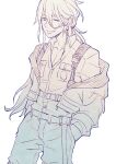  1boy asuto_(rooftop) belt chest_harness collared_shirt cosplay harness inukai_yuto inukai_yuto_(cosplay) jacket kaida_shion lineart long_hair long_sleeves low_ponytail male_focus one_eye_closed pants paradox_live ponytail shirt simple_background smile tongue unbuttoned unbuttoned_shirt white_background 