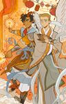  2boys all_saints_street angel angel_wings black_hair blonde_hair blue_eyes braid chinese_clothes chinese_commentary chinese_new_year closed_mouth cloud commentary_request dark-skinned_male dark_skin demon_boy demon_tail feathered_wings fireworks hagoromo halo highres lantern long_hair lynn_angel male_focus multiple_boys nick_holt official_art pants paper_lantern rabbit shawl short_hair single_braid smile sparkler tail white_pants white_wings wide_sleeves wings yellow_eyes 