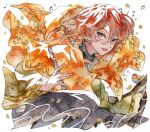  1boy bird check_commentary commentary_request curly_hair flute heterochromia holding holding_flute holding_instrument instrument loose_kimono male_focus musical_note original painting_(medium) personification potato_(popopopopo623) red_hair traditional_media turtleneck watercolor_(medium) 