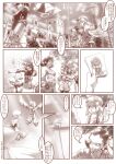  3boys 3girls arm_behind_head beard bon_bonne_(mega_man) building city clock clock_tower commentary_request data_(mega_man) dress facial_hair flag flying hat highres jumpsuit long_hair looking_at_another mega_man_(series) mega_man_legends_(series) mega_man_volnutt mko_(artist) multiple_boys multiple_girls mustache photo_(object) pointing pointy_ears roll_caskett_(mega_man) sera_(mega_man) shirt short_hair sitting tower tron_bonne_(mega_man) window 