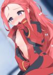  1girl 3: absurdres blue_archive blue_eyes blurry blurry_background blush bodysuit bow breasts closed_mouth commentary forehead gloves hair_bow hand_up highres long_hair long_sleeves midriff multiple_hair_bows navel no_bra official_alternate_costume open_bodysuit open_clothes parted_bangs ponytail red_bodysuit red_gloves red_hair sitting small_breasts solo steaming_body sweatdrop undressing very_long_hair watawatashoyu white_bow yuzu_(armed)_(blue_archive) yuzu_(blue_archive) 