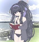  1girl bare_shoulders bikini black_bikini black_hair black_nails blue_archive blue_eyes blue_hairband blue_ribbon blush book breasts buttons cardigan collarbone commentary commission cowboy_shot dot_nose embarrassed eternalsoulrape grey_cardigan hair_between_eyes hairband halo high_ponytail highres holding holding_book jewelry long_hair long_sleeves looking_at_viewer navel necklace official_alternate_costume open_mouth outdoors photo_background ponytail purple_eyes raised_inner_eyebrows ribbon sketch slouching small_breasts solo swimsuit ui_(blue_archive) ui_(swimsuit)_(blue_archive) very_long_hair yellow_halo 