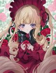  1girl black_bow black_bowtie blonde_hair blue_eyes blunt_bangs bonnet bow bowtie capelet classic_lolita commentary_request dot_nose dress drill_hair drill_sidelocks expressionless eyelashes flower frilled_bonnet frills hands_up highres holding holding_flower lace-trimmed_capelet lace-trimmed_sleeves lace_trim light_blush lolita_fashion long_dress long_hair long_sidelocks looking_at_viewer mashiro parted_lips red_bonnet red_capelet red_dress red_flower red_rose rose rozen_maiden shinku sidelocks solo twintails upper_body very_long_hair very_long_sidelocks 