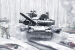  >_< 4girls black_hair closed_mouth dshk forest gun heavy_machine_gun highres laitumidane looking_at_viewer machine_gun military military_vehicle motor_vehicle multiple_girls nature open_mouth original outdoors red_hair round_eyewear short_hair snow straight-on t-80 tank tank_gun weapon weapon_request white_hair wide_shot 