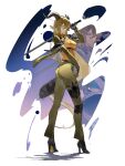  1girl absurdres animal_ears arknights armband ass asymmetrical_dual_wielding belt black_gloves black_necktie blonde_hair chinese_commentary commentary_request degenbrecher_(arknights) dual_wielding from_side gloves goat_ears goat_girl goat_horns goat_tail green_jacket green_pants hair_between_eyes high-waist_belt high_heels highres holding holster horns jacket kjerag_logo long_hair looking_at_viewer necktie open_clothes open_jacket orange_shirt pants print_armband shadow shirt shirt_tucked_in standing tail thigh_holster twisted_torso underbust very_long_hair wu_xian_heping yellow_eyes zoom_layer 