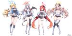  4girls absurdres ahoge akari_(blue_archive) alternate_costume black_boots black_gloves black_horns black_leotard black_shorts black_tail black_wings blonde_hair blue_archive blue_halo boots border braid braided_bangs breasts burger cleavage cleavage_cutout closed_mouth clothing_cutout commentary_request cropped_jacket cup curled_horns curvy demon_girl demon_horns demon_tail demon_wings detached_collar dotted_background food forward-facing_horns full_body gehenna_academy_logo gloves gourmet_research_society_(blue_archive) grey_hair hair_on_horn half_gloves halo hand_on_own_hip hands_on_own_hips haruna_(blue_archive) highleg highleg_leotard highres holding holding_burger holding_cup holding_food horns hr.r izumi_(blue_archive) jacket junko_(blue_archive) knee_boots large_breasts leotard long_hair looking_at_viewer low_twintails multicolored_leotard multiple_girls necktie open_clothes open_jacket piercing pink_pupils pointy_ears race_queen red_eyes red_hair red_halo shoes short_necktie short_shorts shorts side_braid single_thighhigh single_wing skirt smile standing tail thighhighs twintails two-tone_leotard very_long_hair white_boots white_jacket white_shoes white_shorts wing_piercing wings yellow_halo 
