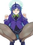  1girl absurdres aqua_eyes black_skirt black_sweater_vest blazer blue_hair blue_horns blue_jacket blue_panties blue_shoes blush bow bowtie breasts brown_pantyhose commentary_request dragon_girl dragon_horns dragon_musume_ni_naritakunai! duel_masters edomoto_q_mari embarrassed from_below glowing glowing_halo green_bow green_bowtie halo highres horns jacket large_breasts long_hair m_legs open_mouth panties pantyhose pantyshot paw_pose pvcw5482 school_uniform shoes simple_background skirt solo spread_legs squatting sweater_vest underwear white_background 