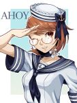 1girl alternate_costume anchor_symbol blue_choker blue_neckerchief blue_necktie blue_sailor_collar bow bow_choker breasts brown_eyes brown_hair choker earrings english_text eyelashes flipped_hair frixxivt glasses hat hat_bow highres jewelry lipgloss looking_to_the_side medium_breasts medium_hair megami_tensei neckerchief necktie one_eye_closed parted_lips persona persona_3 pink_lips sailor sailor_collar sailor_hat salute school_uniform serafuku short_sleeves solo stud_earrings takeba_yukari upper_body white_serafuku 