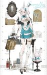  1girl absurdres animal_ear_fluff animal_ears aqua_gem asymmetrical_legwear blue_butterfly blue_eyes blue_flower book braid braided_hair_rings brown_shoes bug butterfly cleavage_cutout closed_mouth clothing_cutout commission dress dress_flower eyelashes flower frills full_body gem hair_between_eyes hair_ornament hair_rings highres holding holding_suitcase huang_chan knife lips long_hair looking_at_viewer mihuashi_commission mismatched_legwear mole mole_under_eye monocle o-ring original picture_frame puffy_short_sleeves puffy_sleeves rabbit_ears scissors shoes short_sleeves sidelocks skull solo standing stuffed_animal stuffed_rabbit stuffed_toy suitcase thigh_strap watermark white_flower white_hair 