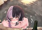  1girl :3 absurdres artist_name black_hair blush breasts closed_mouth commentary crossed_arms english_commentary glass_bottle grey_hair hair_intakes hair_ribbon hat highres hololive hololive_english looking_at_viewer medium_hair multicolored_hair nude onsen partially_submerged ribbon shiori_novella sideboob signature smile solo split-color_hair thecatborg top_hat virtual_youtuber yellow_eyes 